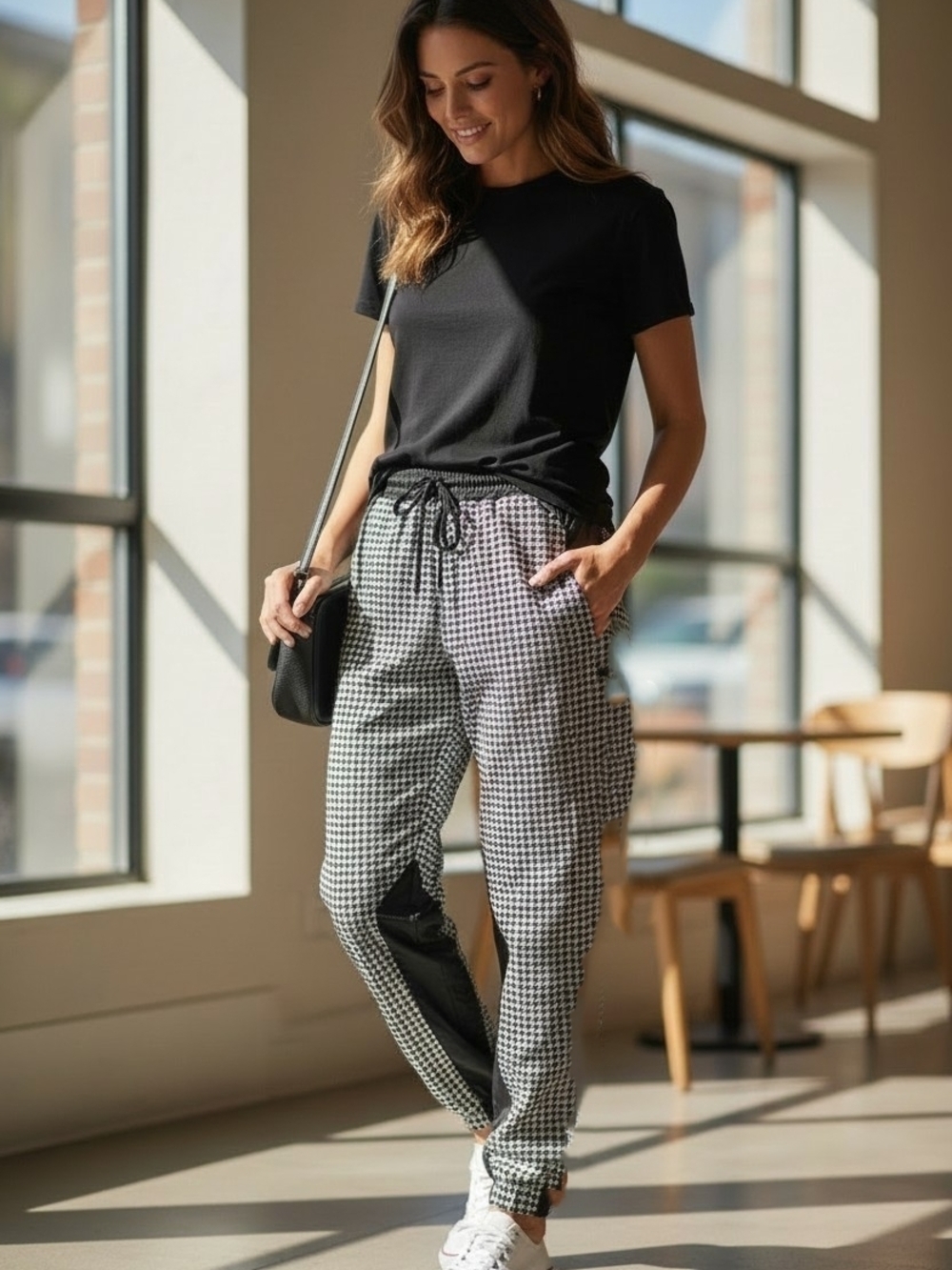 NEW Urban Outfitters Black & White Houndstooth Drawstring Track Pants